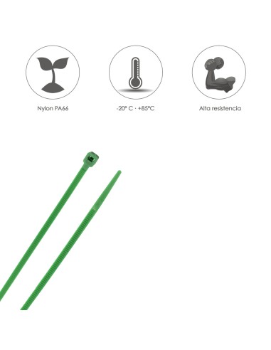 Brida Nylon 100%. Color Verde 2,5 x 100 mm. Bolsa 100 Unidades. Abrazadera Plastico, Organizador Cables, Alta Resistencia