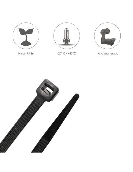 Brida Nylon 100%. Color Negro 3,5 x 200 mm. Bolsa 100 unidades. Abrazadera Plastico, Organizador Cables, Alta Resistencia