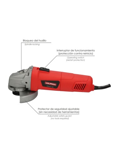 Amoladora Angular 900 Watt. Disco Ø 115 mm. 11.000 R.P.M. Mango 3 Posiciones Eje M14 Protector Disco Ajustable, Anti arranque