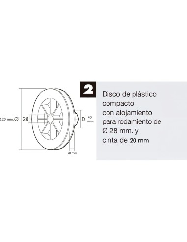 Disco Plastico Compacto Para Persianas. Rodamieto 120x40 mm. Para cintas hasta 20 mm.