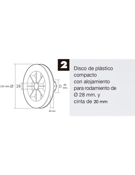 Disco Plastico Compacto Para Persianas. Rodamieto 120x40 mm. Para cintas hasta 20 mm.