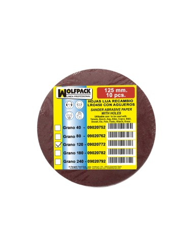 Lija Recambio Velcro Disco Ø 125 mm. Con Agujeros Grano 120 (10 Piezas)