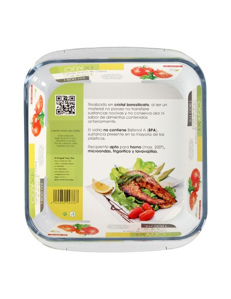 Fuente Horno Cristal Borosilicato Cuadrada 1,1L. 20,7x20,7 cm. Ideal Meclas, Ensaladas, Postres, Cocina, Resposteria. Libre BPA