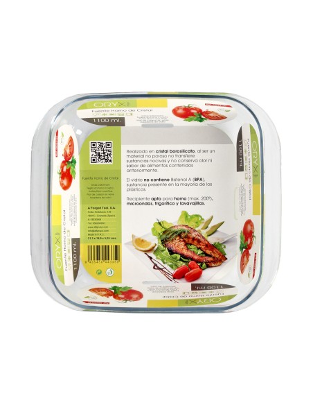 Fuente Horno Cristal Borosilicato Cuadrada 1,1litros. 18x18 cm. Ideal Meclas, Ensaladas, Postres, Cocina, Resposteria. Libre BPA