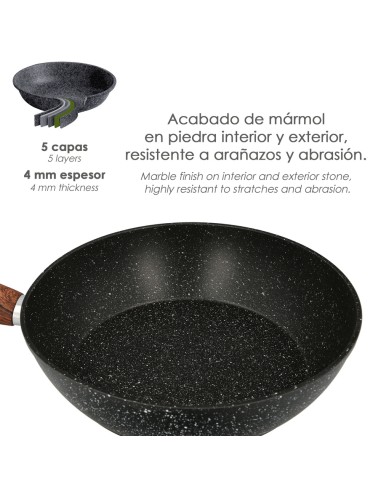 Sarten Honda Aluminio Forjado Antiadherente Ø 28x7,5 cm. Mango Engomado / 5 capas / Acabado Piedra / Para Todo Tipo de Cocinas