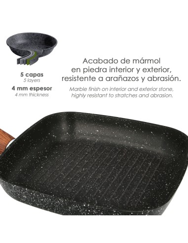 Sarten Aluminio Forjado Antiadherente 24x24x4,5 cm. Mango Engomado / 5 capas / Acabado Piedra / Todo Tipo de Cocinas / Grill