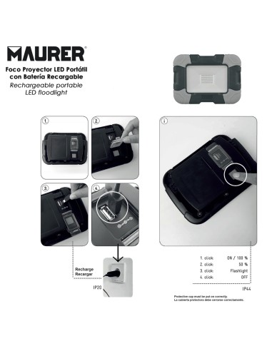 Foco Led Plano Recargable 10 Watt. 800 Lumenes Luz blanca 4000ºK Protección IP44. Portatil Proyector Led Obras