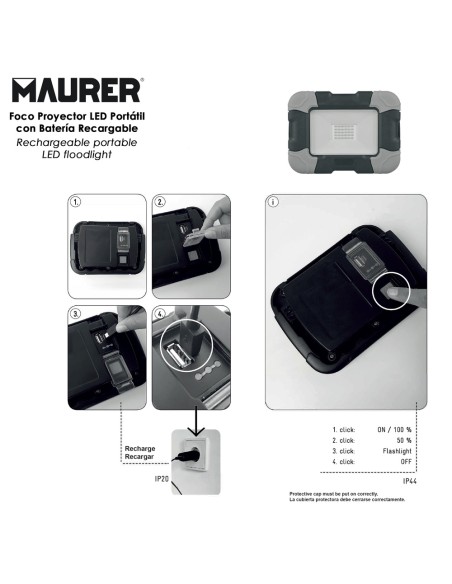 Foco Led Plano Recargable 10 Watt. 800 Lumenes Luz blanca 4000ºK Protección IP44. Portatil Proyector Led Obras