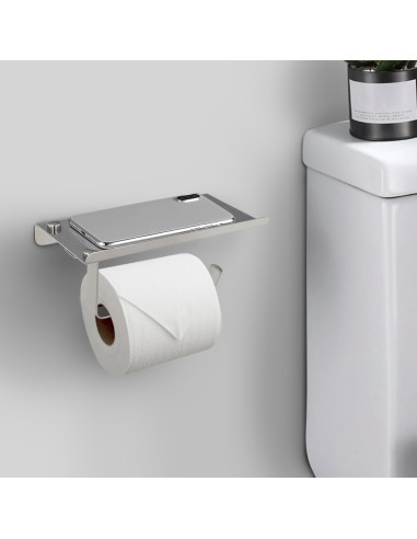 Portarrollos Baño Con Estante Para Moviles Autoadhesivo, Color Inox Con Efecto Espejo, Autoadhesivo Resistente o Con Tornillos