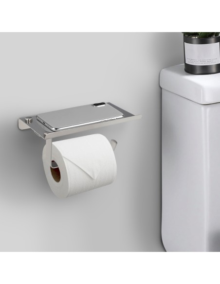 Portarrollos Baño Con Estante Para Moviles Autoadhesivo, Color Inox Con Efecto Espejo, Autoadhesivo Resistente o Con Tornillos