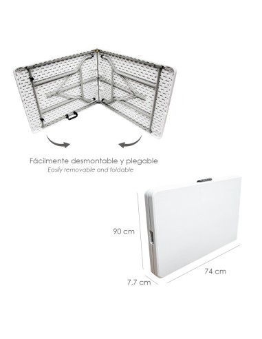 Mesa Plegable Rectangular HDPE Multifuncional, Portatil, Resistente,Multiusos 180x74x74 cm. Color Blanco