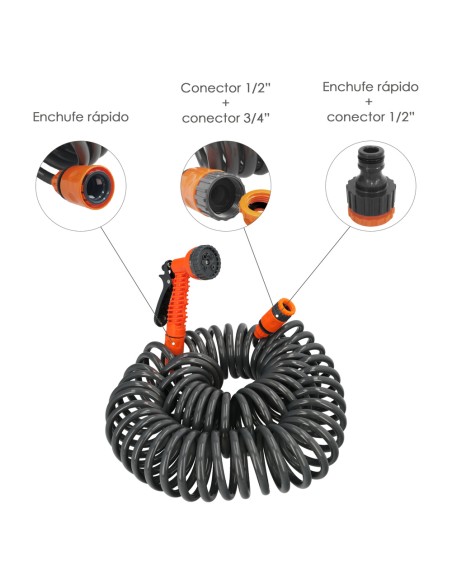 Manguera Extensible Espiral Autoenroscable Para Riego Jardin 15 MetrosCon Pistola y Conectores