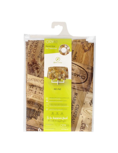 Mantel Hule Redondo Tablones Vino Impermeable Antimanchas PVC Ø 140 cm. Uso Interior y Exterior