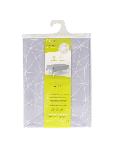 Mantel Hule Rectangular Geométrico Gris Impermeable Antimanchas PVC 140x250 cm. Recortable Uso Interior y Exterior