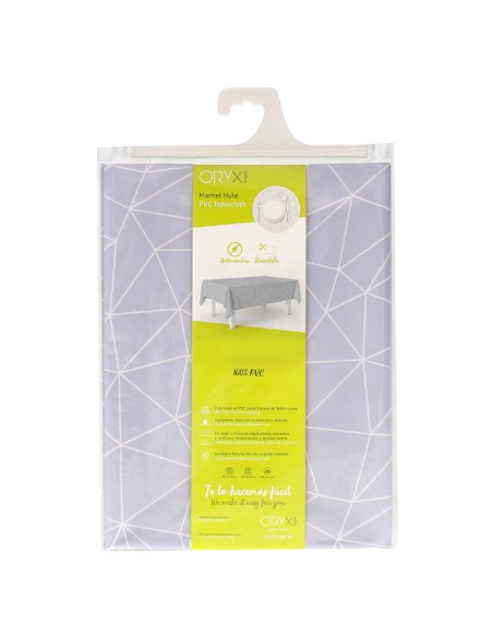 Mantel Hule Rectangular Geométrico Gris Impermeable Antimanchas PVC 140x250 cm. Recortable Uso Interior y Exterior