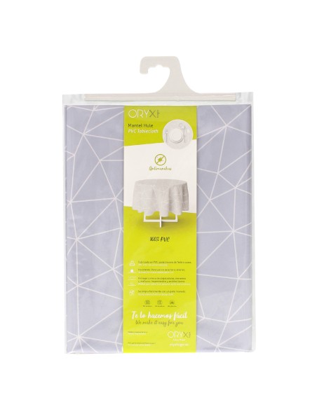 Mantel Hule Geometrico Gris Impermeable Antimanchas PVC Ø 140 cm. Uso Interior y Exterior
