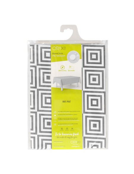 Mantel Hule Rectangular Rombos Grises Impermeable Antimanchas PVC 140x250 cm. Recortable Uso Interior y Exterior