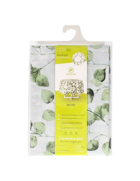 Mantel Hule Redondo Hojas Verdes Impermeable Antimanchas PVC Ø140 cm. Uso Interior y Exterior