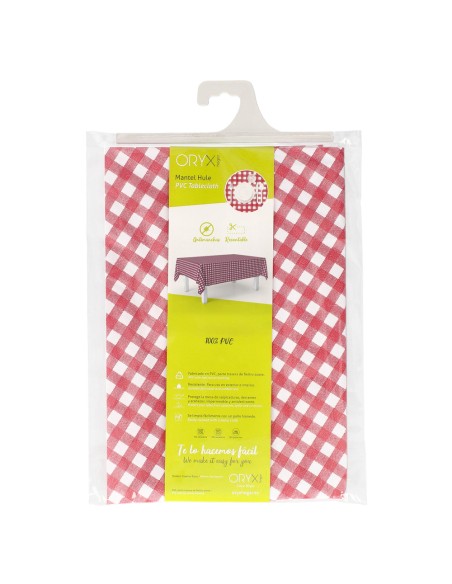 Mantel Hule Rectangular Cuadros Rojos Impermeable Antimanchas PVC 140x250 cm. Recortable Uso Interior y Exterior