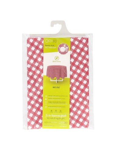 Mantel Hule Redondo Cuadros Rojos Impermeable Antimanchas PVC Ø140 cm. Uso Interior y Exterior