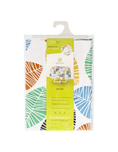 Mantel Hule Redondo Hojas Colores Impermeable Antimanchas PVC Ø 140 cm. Uso Interior y Exterior