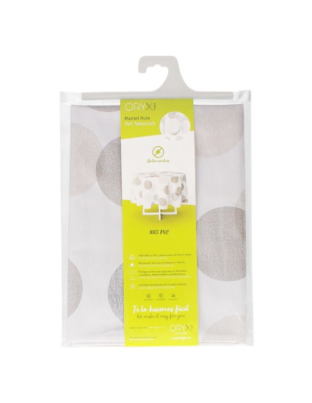 Mantel Hule Redondo Circulos Beige Impermeable Antimanchas PVC Ø 140 cm. Uso Interior y Exterior