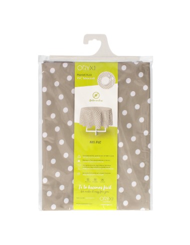 Mantel Hule Redondo Topos Beige Impermeable Antimanchas PVC Ø140 cm. Uso Interior y Exterior