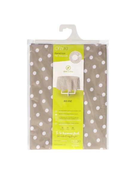 Mantel Hule Redondo Topos Beige Impermeable Antimanchas PVC Ø140 cm. Uso Interior y Exterior