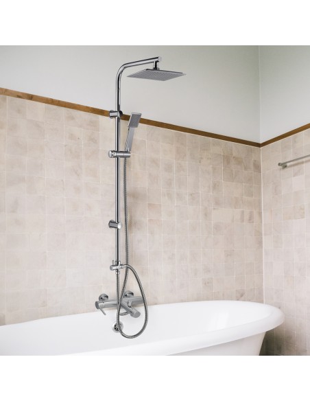 Columna Ducha Universal Multifuncional Completa Cuadrada, Acero Cromado, Rociador Alcachofa Efecto Lluvia 22,5x22,5 cm.