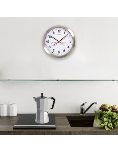 Reloj De Pared Ø 30 cm. Con Higrometro y Termometro. Frontal En Acero