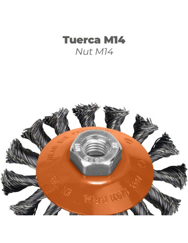 Cepillo Oblicuo Con Alambre De Acero Trenazdo Rosca M14, Ø 100 mm. Alambre de Ø 0,30 mm.