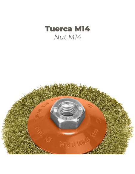 Cepillo Oblicuo Con Alambre De Acero Latonado Rosca M14, Ø 100 mm. Alambre de Ø 0,30 mm.