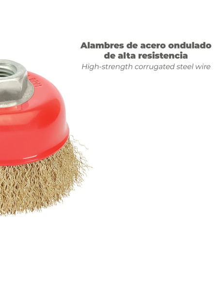 Cepillo Taza Con Alambre De Acero Latonado Rosca M14, Ø 100 mm. Alambre de Ø 0,30 mm.