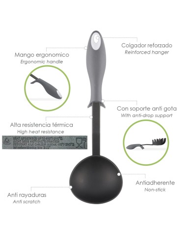 Cucharon Servir Cocina Nylon Con Mango Antigotas Engomado 32 x 9,8 cm.