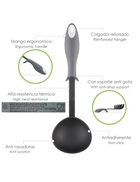 Cucharon Servir Cocina Nylon Con Mango Antigotas Engomado 32 x 9,8 cm.