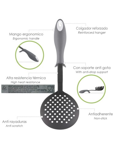 Espumadera Cocina Nylon Con Mango Antigotas Engomado 35 x 11,7 cm.