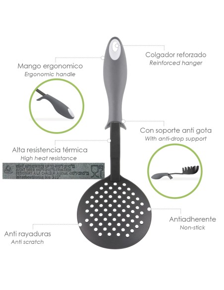 Espumadera Cocina Nylon Con Mango Antigotas Engomado 35 x 11,7 cm.