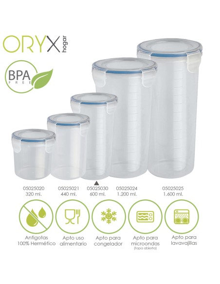 Vaso Recipiente Hermetico Medidor Plastico Redondo 600 ml. Ø 9x18.5 (Alt.) cm.