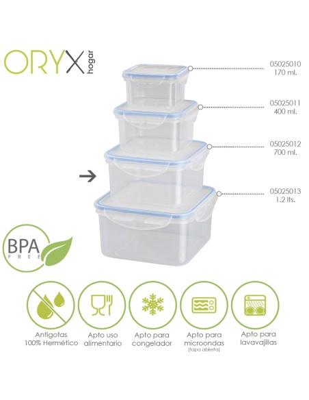 Recipiente Hermetico Plastico Cuadrado 700 ml. 13x13x7 (Alt.) cm.