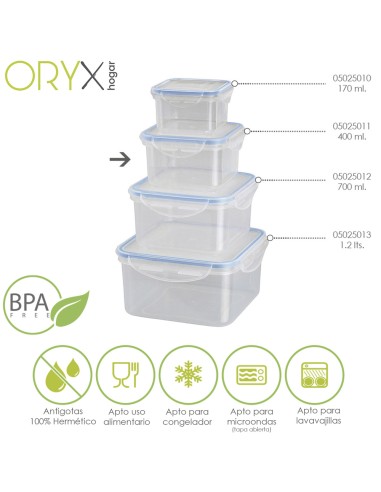 Recipiente Hermetico Plastico Cuadrado 400 ml. 11x11x6 (Alt.) cm.