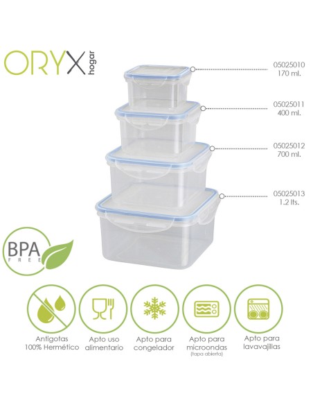 Recipiente Hermetico Plastico Cuadrado 170 ml. 8.5x8.5x5 (Alt.) cm.