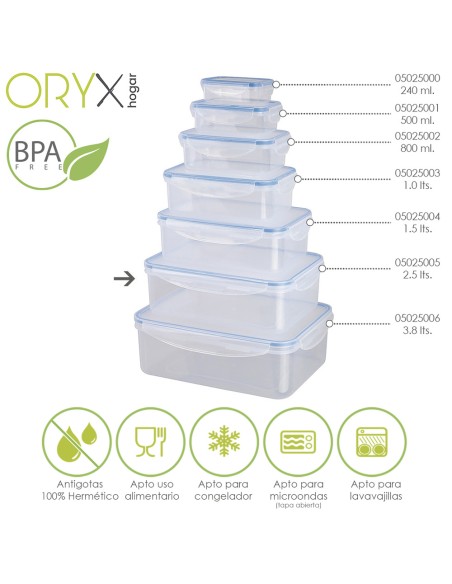 Recipiente Hermetico Plastico Rectangular 2.500 ml. 25x18x8.5 (Alt.) cm.