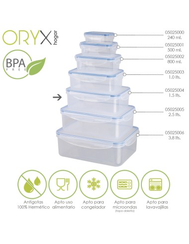 Recipiente Hermetico Plastico Rectangular 1.500 ml. 22x15x7.5 (Alt.) cm.