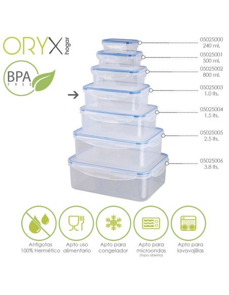 Recipiente Hermetico Plastico Rectangular 1.000 ml. 19x12.5x6.5 (Alt.) cm.