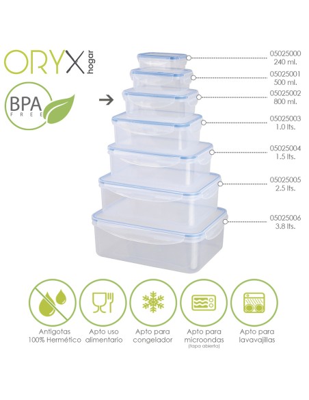 Recipiente Hermetico Plastico Rectangular 800 ml. 20.5x13x6 (Alt.) cm.