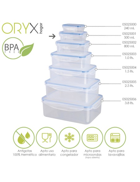 Recipiente Hermetico Plastico Rectangular 500 ml. 15.5x10.5x5.5 (Alt.) cm.