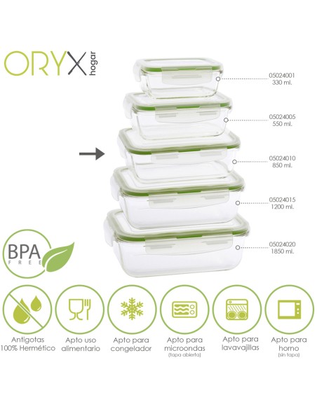 Recipiente Hermetico Cristal Rectangular 850 ml. 19.5 x 13.3 x 6.7 (alt) cm.