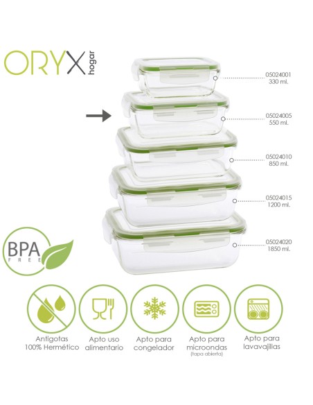 Recipiente Hermetico Cristal Rectangular 550 ml. 16.7 x 11.8 x 6.2 (alt) cm.