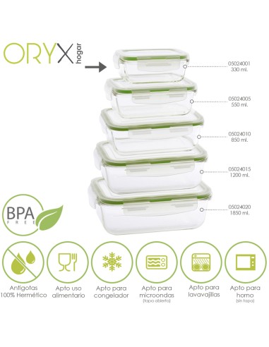 Recipiente Hermetico Cristal Rectangular 330 ml. 13.9 x 10.5 x 5.6 (alt) cm.