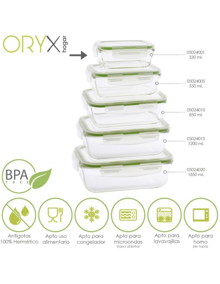 Recipiente Hermetico Cristal Rectangular 330 ml. 13.9 x 10.5 x 5.6 (alt) cm.